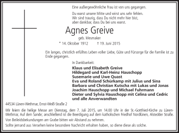 Todesanzeige von Agnes Greive von MZV