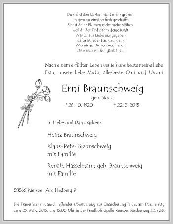 Todesanzeige von Erni Braunschweig von MZV