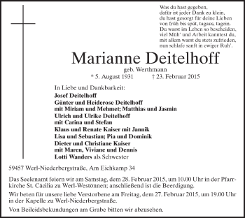 Todesanzeige von Marianne Deitelhoff von MZV