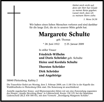 Todesanzeige von Margarete Schulte von WESTFÄLISCHER ANZEIGER