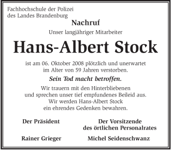 Todesanzeige von Hans-Albert Stock von WESTFÄLISCHER ANZEIGER