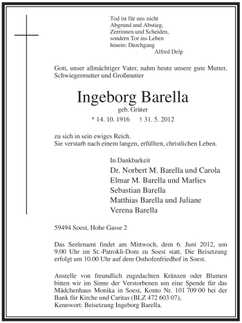 Todesanzeige von Ingeborg Barella von WESTFÄLISCHER ANZEIGER