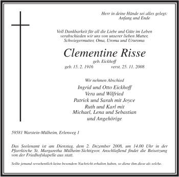 Todesanzeige von Clementine Risse von WESTFÄLISCHER ANZEIGER