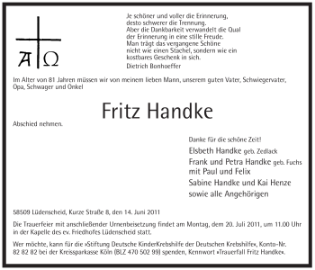 Todesanzeige von Fritz Handke von WESTFÄLISCHER ANZEIGER