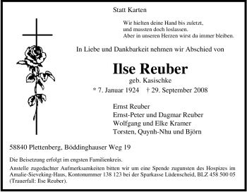 Todesanzeige von Ilse Reuber von WESTFÄLISCHER ANZEIGER