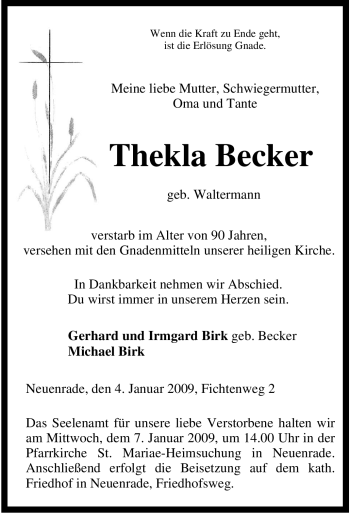 Todesanzeige von Thekla Becker von WESTFÄLISCHER ANZEIGER