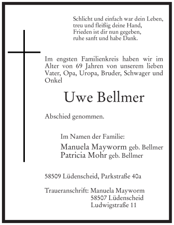 Todesanzeige von Uwe Bellmer von WESTFÄLISCHER ANZEIGER
