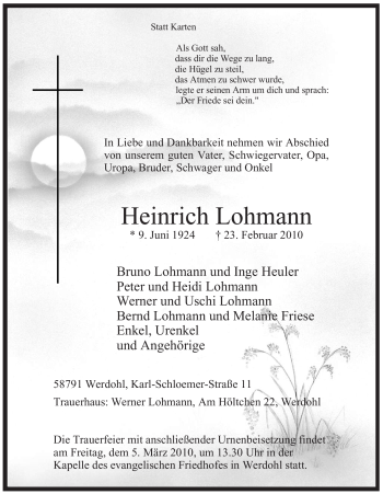 Todesanzeige von Heinrich Lohmann von WESTFÄLISCHER ANZEIGER