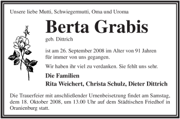 Todesanzeige von Berta Grabis von WESTFÄLISCHER ANZEIGER