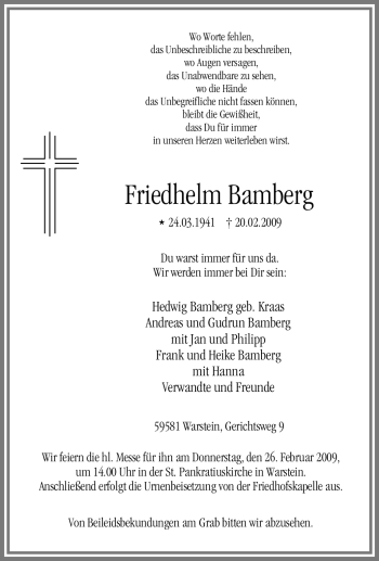 Todesanzeige von Friedhelm Bamberg von WESTFÄLISCHER ANZEIGER