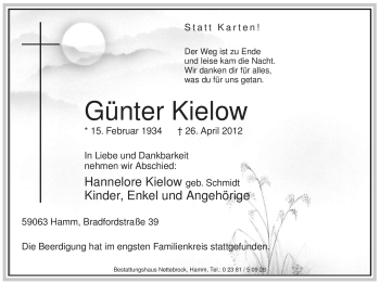 Todesanzeige von Günter Kielow von WESTFÄLISCHER ANZEIGER