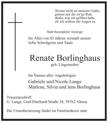 Todesanzeige von Renate Borlinghaus von WESTFÄLISCHER ANZEIGER