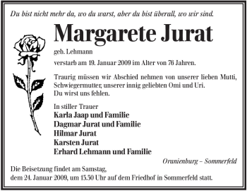Todesanzeige von Margarete Jurat von WESTFÄLISCHER ANZEIGER