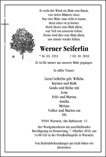 Todesanzeige von Werner Seiferlin von WESTFÄLISCHER ANZEIGER