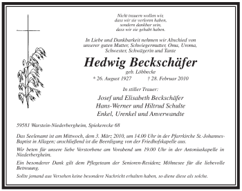 Todesanzeige von Hedwig Beckschäfer von WESTFÄLISCHER ANZEIGER