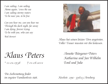 Todesanzeige von Klaus Peters von WESTFÄLISCHER ANZEIGER