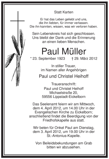 Todesanzeige von Paul Müller von WESTFÄLISCHER ANZEIGER