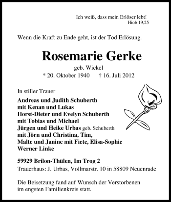 Todesanzeige von Rosemarie Gerke von WESTFÄLISCHER ANZEIGER