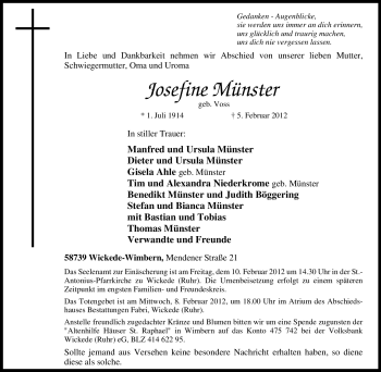 Todesanzeige von Josefine Münster von WESTFÄLISCHER ANZEIGER
