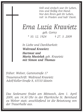 Todesanzeige von Erna Luzia Krawietz von WESTFÄLISCHER ANZEIGER