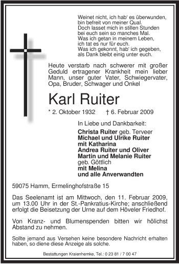 Todesanzeige von Karl Ruiter von WESTFÄLISCHER ANZEIGER