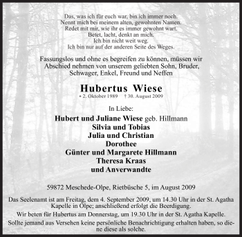 Todesanzeige von Hubertus Wiese von WESTFÄLISCHER ANZEIGER