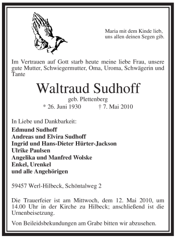 Todesanzeige von Waltraud Sudhoff von WESTFÄLISCHER ANZEIGER