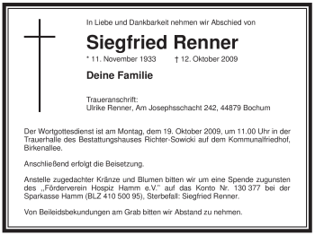 Todesanzeige von Siegfried Renner von WESTFÄLISCHER ANZEIGER