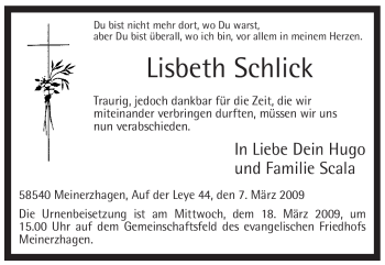 Todesanzeige von Lisbeth Schlick von WESTFÄLISCHER ANZEIGER