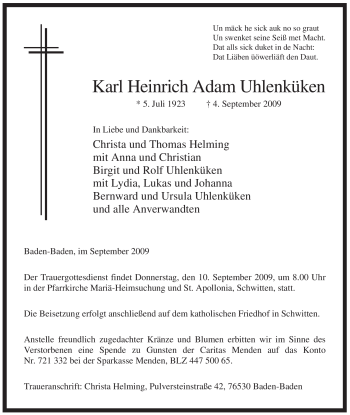 Todesanzeige von Karl Heinrich Adam Uhlenküken von WESTFÄLISCHER ANZEIGER
