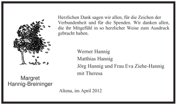 Todesanzeige von Margret Hannig-Breininger von WESTFÄLISCHER ANZEIGER