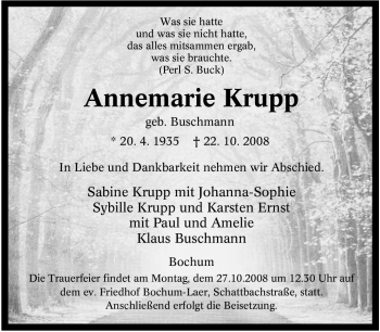 Todesanzeige von Annemarie Krupp von WESTFÄLISCHER ANZEIGER