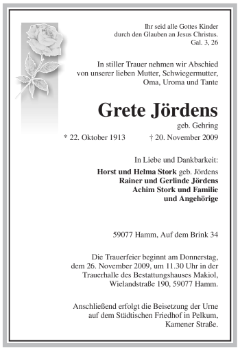 Todesanzeige von Grete Jördens von WESTFÄLISCHER ANZEIGER