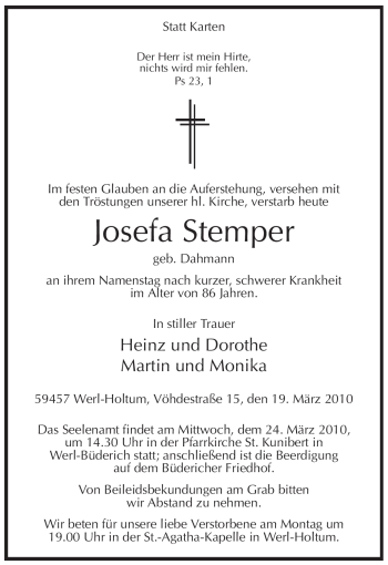 Todesanzeige von Josefa Stemper von WESTFÄLISCHER ANZEIGER
