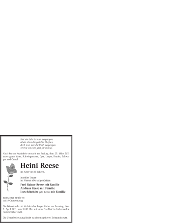 Todesanzeige von Heini Reese von WESTFÄLISCHER ANZEIGER