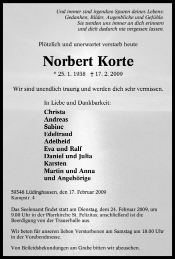 Todesanzeige von Norbert Korte von WESTFÄLISCHER ANZEIGER