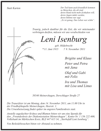 Todesanzeige von Leni Isenburg von WESTFÄLISCHER ANZEIGER