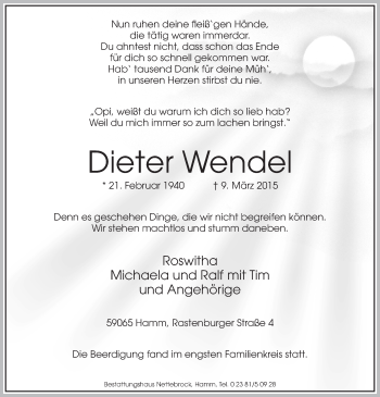 Todesanzeige von Dieter Wendel von MZV