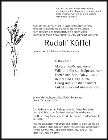 Todesanzeige von Rudolf Küffel von WESTFÄLISCHER ANZEIGER