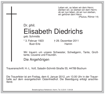Todesanzeige von Elisabeth Diedrichs von WESTFÄLISCHER ANZEIGER