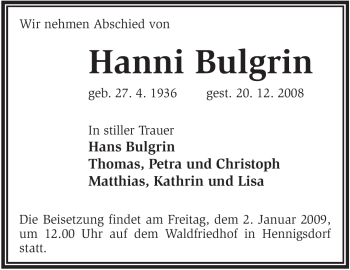 Todesanzeige von Hanni Bulgrin von WESTFÄLISCHER ANZEIGER