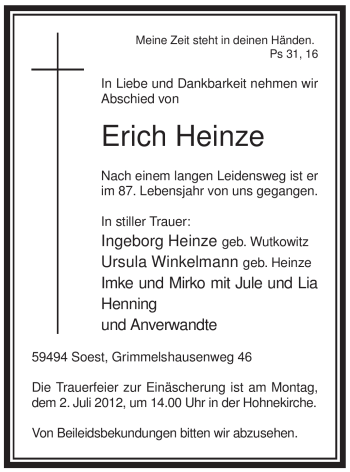 Todesanzeige von Erich Heinz von WESTFÄLISCHER ANZEIGER