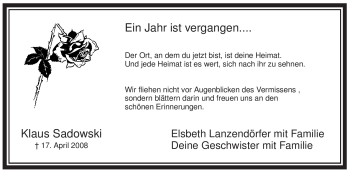 Todesanzeige von Klaus Sadowski von WESTFÄLISCHER ANZEIGER