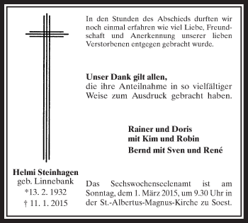 Todesanzeige von Helmi Steinhagen von Westfälischer Anzeiger
