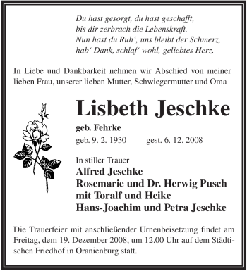 Todesanzeige von Lisbeth Jeschke von WESTFÄLISCHER ANZEIGER
