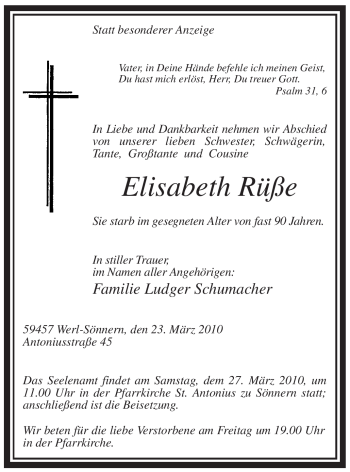 Todesanzeige von Elisabeth Rüße von WESTFÄLISCHER ANZEIGER