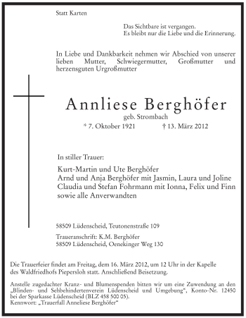 Todesanzeige von Anneliese Berghöfer von WESTFÄLISCHER ANZEIGER
