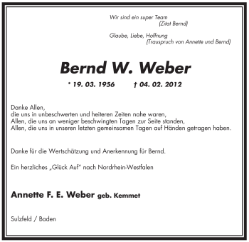 Todesanzeige von Bernd W Weber von WESTFÄLISCHER ANZEIGER