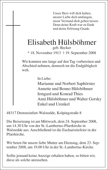 Todesanzeige von Elisabeth Hülsböhmer von WESTFÄLISCHER ANZEIGER