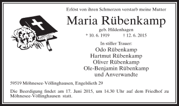 Todesanzeige von Maria Rübenkamp von MZV